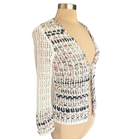 Zozo Crochet Cream Cardigan SMALL Linen Blend Beachy Coastal Boho Grannycore - Picture 4 of 9